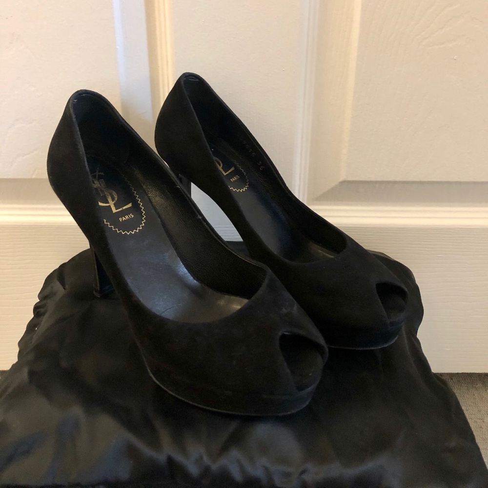 YSL Palais Black Suede Peep Toe Heels